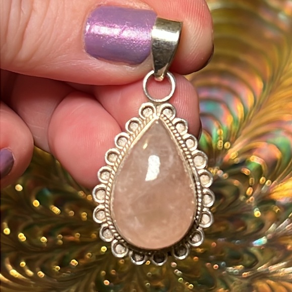 Vintage Jewelry - Vintage boho pink quartz pear shaped sterling silver 925 necklace pendant